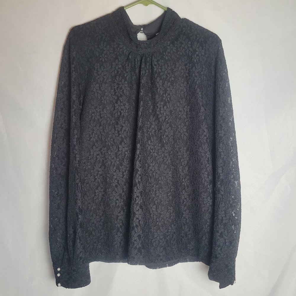 Karl Lagerfeld Paris Black High Neck Lace Sheer Sleeve Blouse Pearl Accents XL